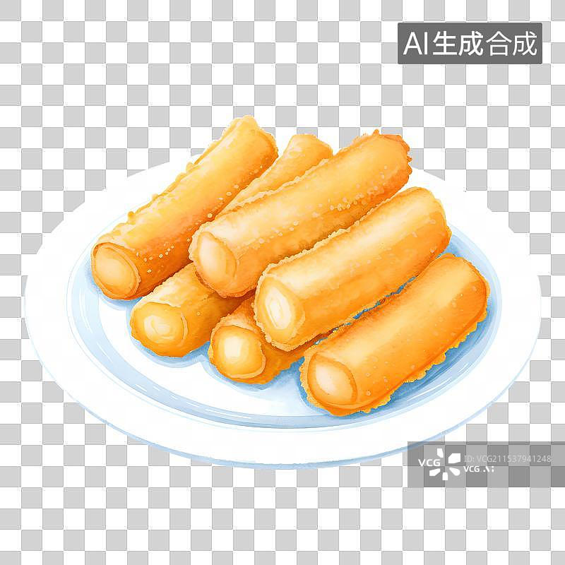 【AI数字艺术】手绘插画，一盘油炸食品，炸牛奶，广式早茶茶点，油炸鲜奶，顺德美食免抠元素图片素材