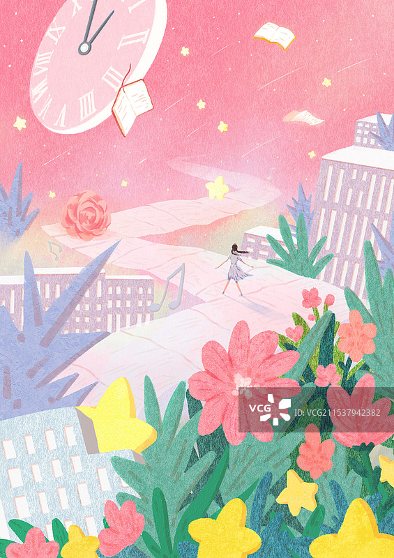 女学生在试卷铺成的路上周围是鲜花和教学楼图片素材