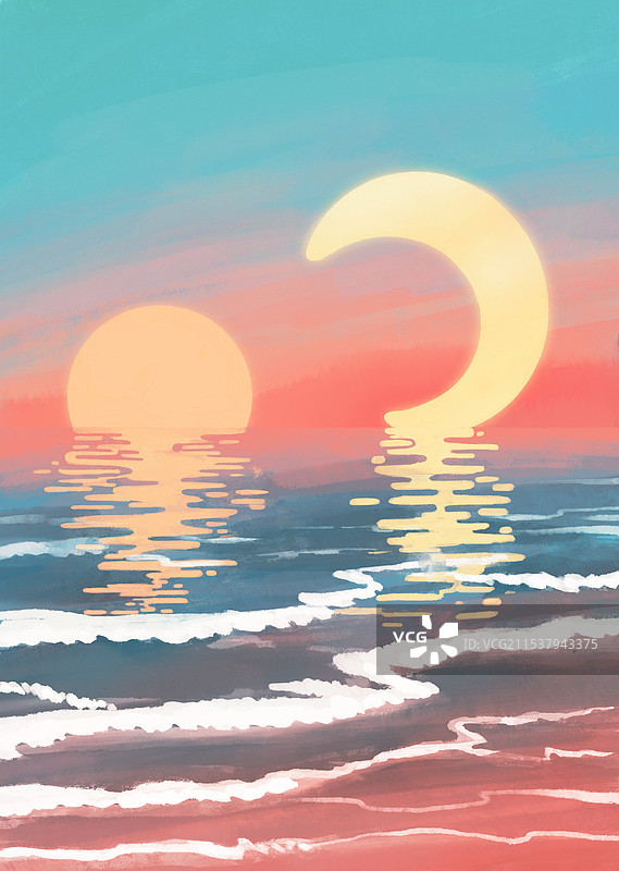 太阳和月亮同时倒影在海面上图片素材