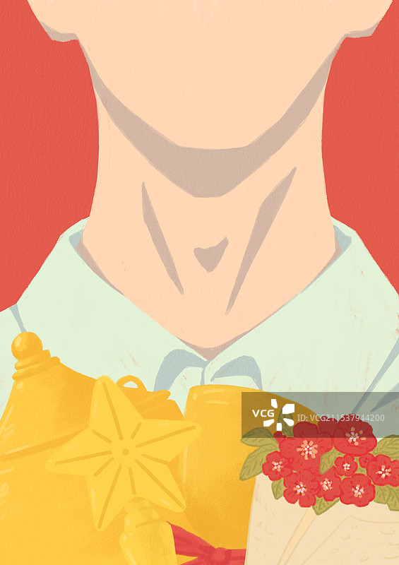 证件照样式的男青年抱着奖杯和鲜花图片素材