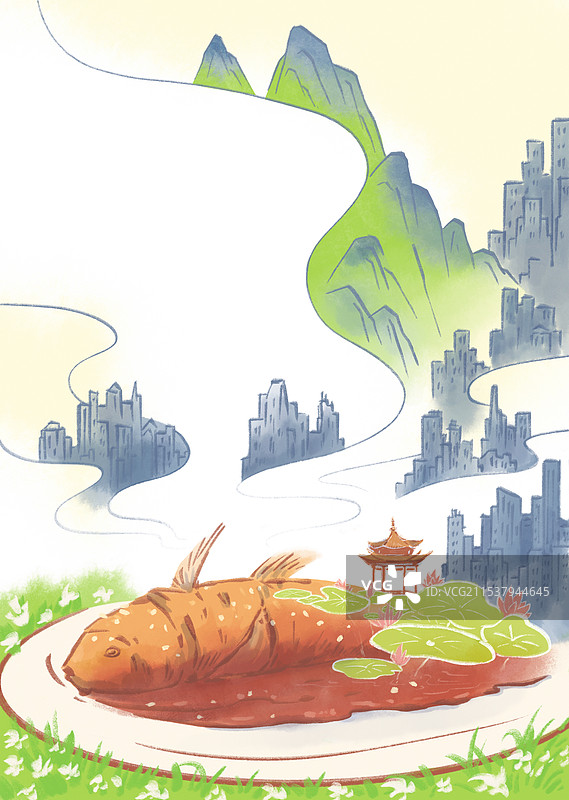 山水风景画和西湖醋鱼图片素材