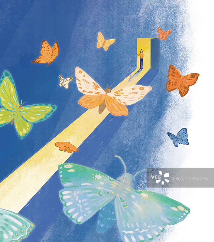 女生打开一扇门透过光线看见很多美丽的蝴蝶图片素材