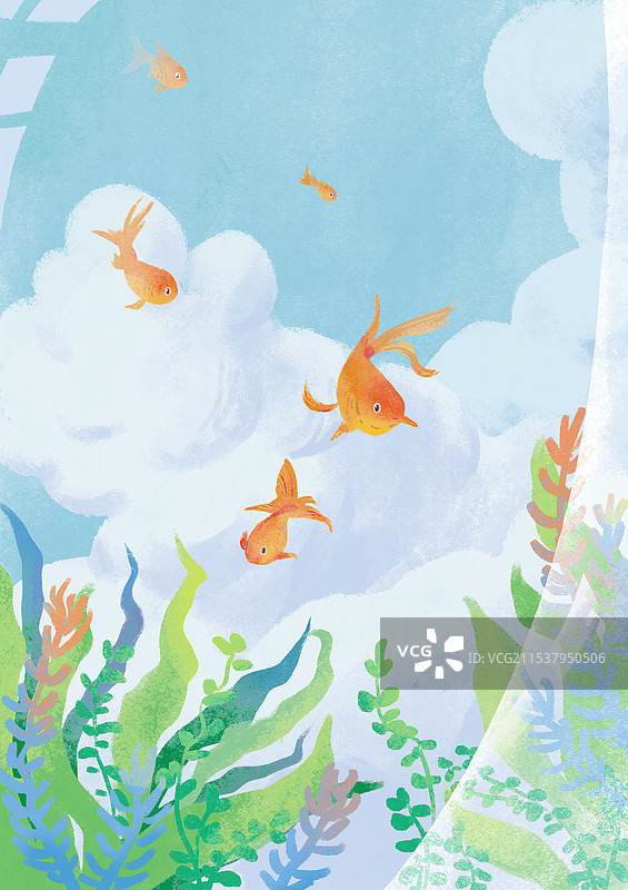 金鱼在鱼缸遨游背景是蓝天白云图片素材