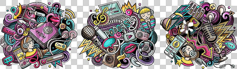 音频内容卡通涂鸦设计集图片素材