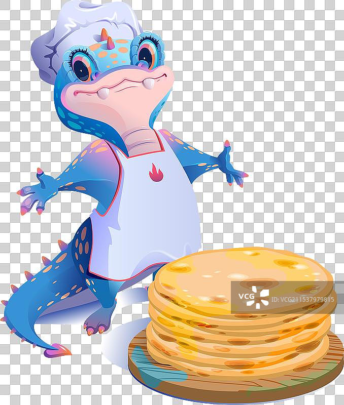 蓝色龙厨师与一堆新鲜准备好的食物图片素材