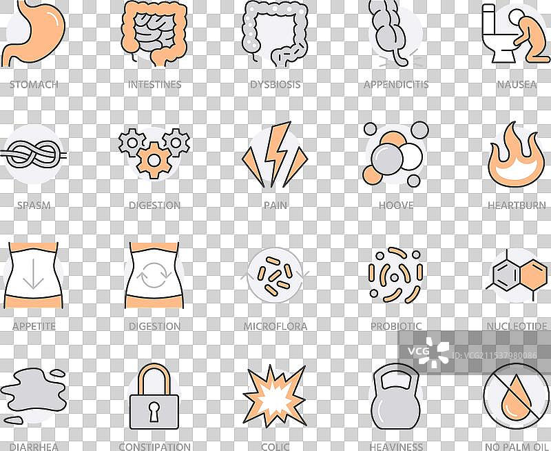 腹部疾病症状扁平线条图标集图片素材