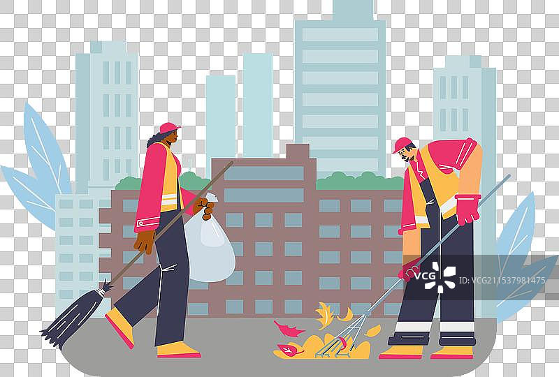 街道清洁工的卡通风景与人们图片素材
