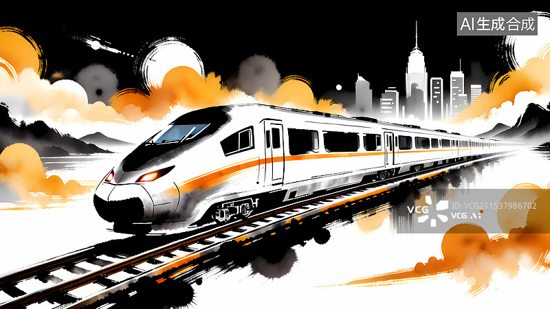 【AI数字艺术】水墨风城市高铁插画图片素材