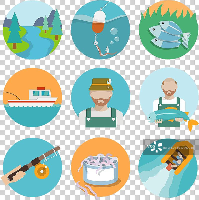一组钓鱼扁平图标图片素材