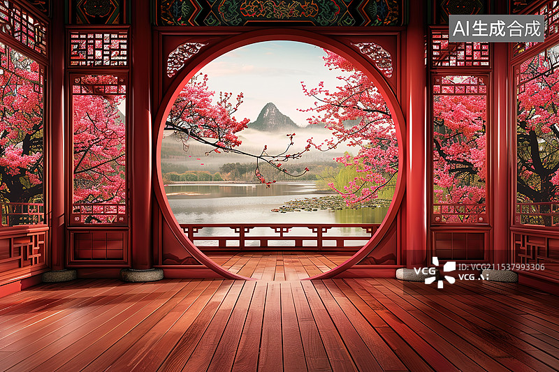 【AI数字艺术】红色中式庭院产品展台和窗外的山水风景图片素材