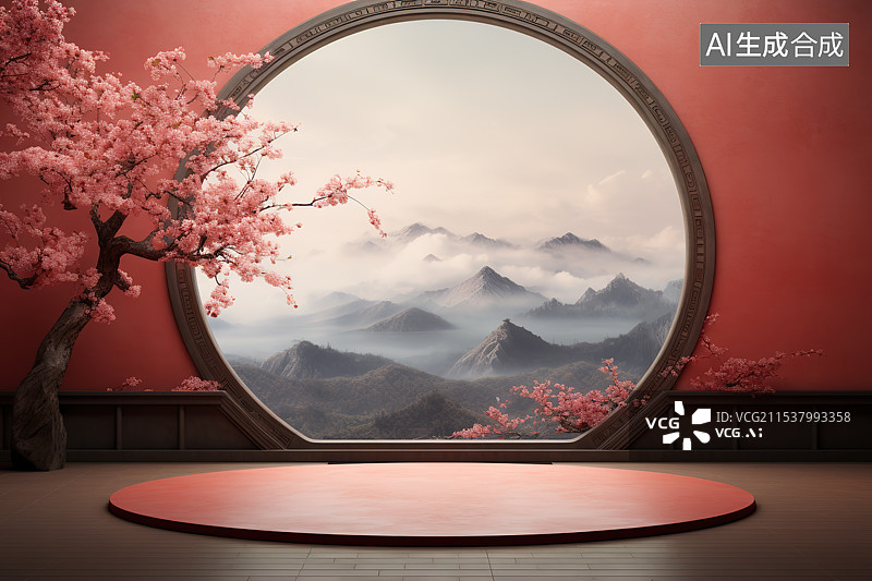 【AI数字艺术】红色中式庭院产品展台和窗外的山水风景图片素材