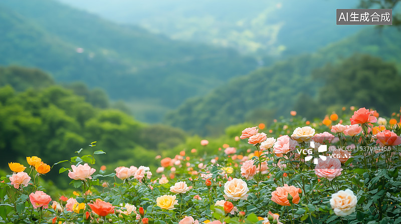 【AI数字艺术】山峦间的玫瑰花田图片素材
