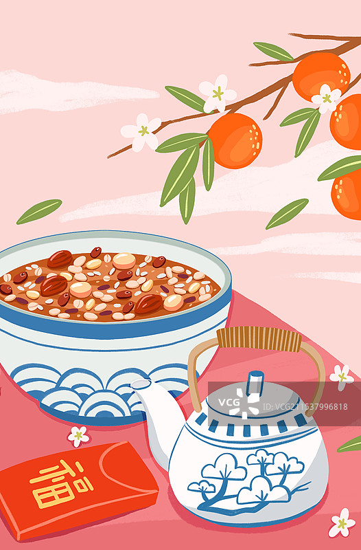 腊八粥茶壶橘子和红包图片素材