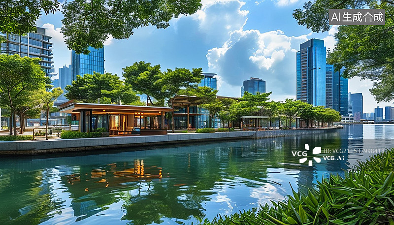 【AI数字艺术】现代滨水城市水边玻璃建筑图片素材