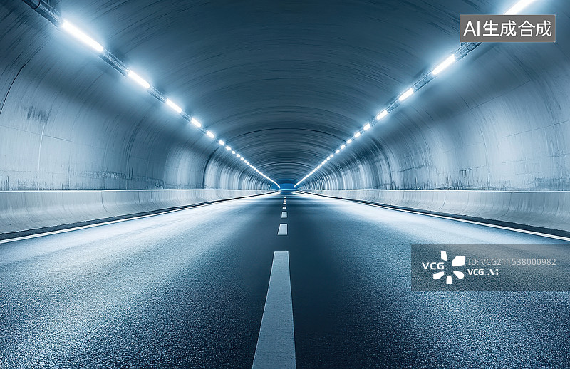 【AI数字艺术】城市道路马路场景长而明亮的地下隧道图片素材