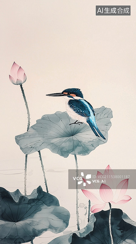 【AI数字艺术】水墨写意翠鸟图片素材