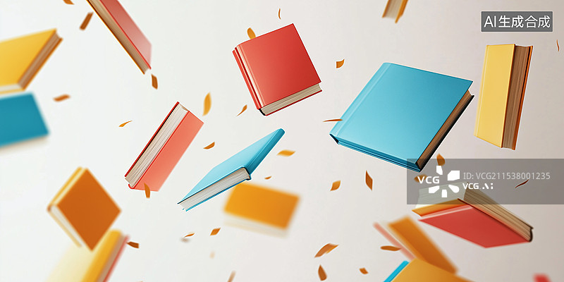 【AI数字艺术】色彩鲜艳的精装书漂浮在白色背景上，展示出充满活力的封面和动态的运动。体现教育、知识、想象力和文学冒险图片素材