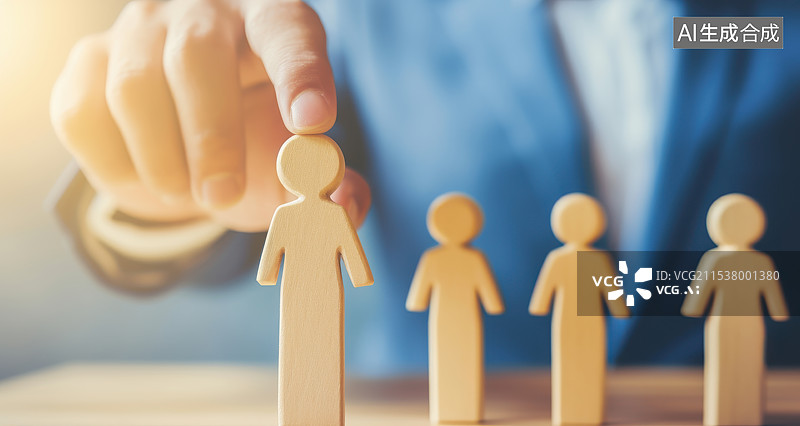 【AI数字艺术】一个人的手选择木制人形娃娃，领导力和商业团队创意思维概念，团队合作或团队合作的人力资源图片素材