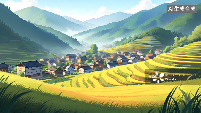 【AI数字艺术】秋天乡村梯田插画图片素材
