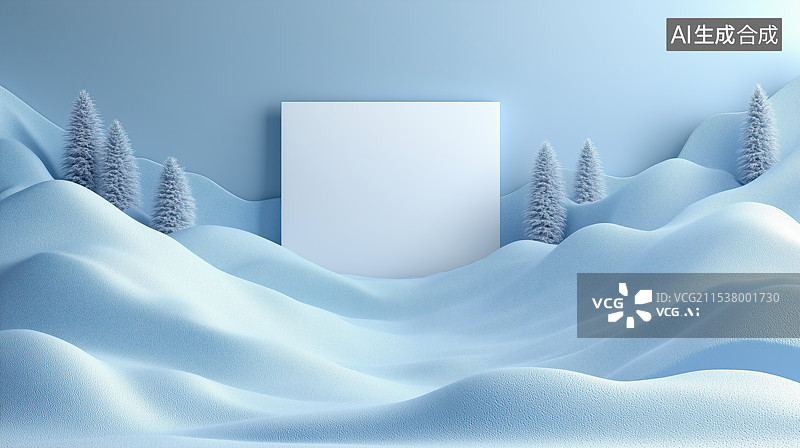 【AI数字艺术】冬季严寒地区天空之镜镜面反射风景，极简风格蓝白色雪山天空建筑框架展示台背景图图片素材