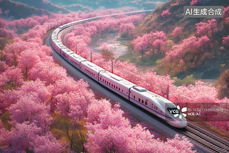 【AI数字艺术】开往春天的樱花列车，粉色浪漫樱花高铁图片素材