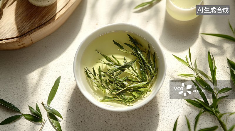 【AI数字艺术】绿茶茶叶和茶具特写，茶道概念图片素材