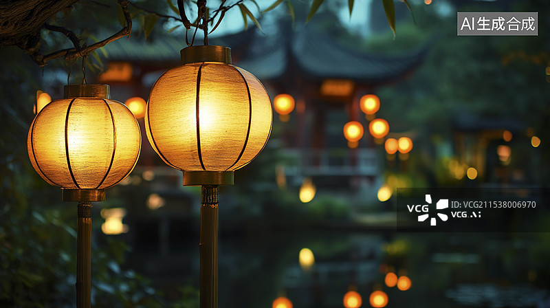 【AI数字艺术】中国灯笼竹子夜晚背景图片素材
