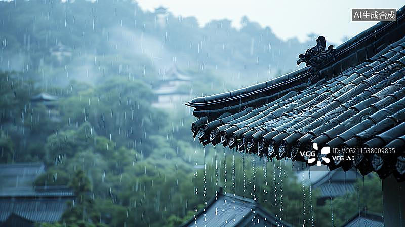 【AI数字艺术】雨天的中式屋檐特写图片素材
