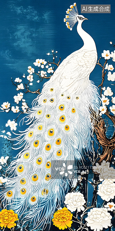 【AI数字艺术】花丛中美丽的白孔雀卡通插画图片素材