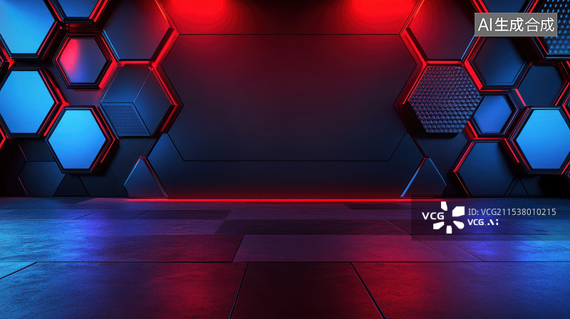 【AI数字艺术】三维渲染赛博朋克六边形墙面背景图片素材