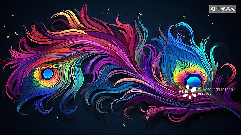 【AI数字艺术】黑色背景上的彩色孔雀羽毛特写镜头图片素材