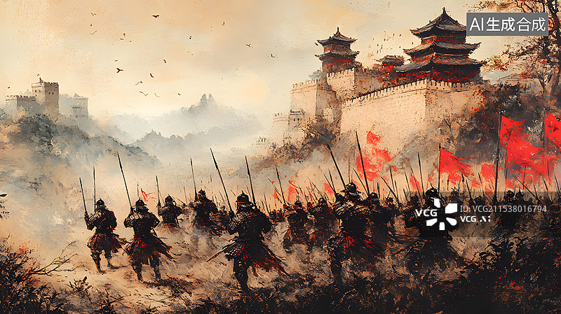 【AI数字艺术】披坚执锐，势在必得，古代战争场景图片素材
