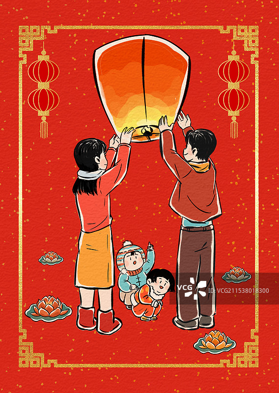 春节红色喜庆国风边框大年初八顺星节一家人放孔明灯河灯祈福新年习俗纸纹理中国风描线插画图片素材