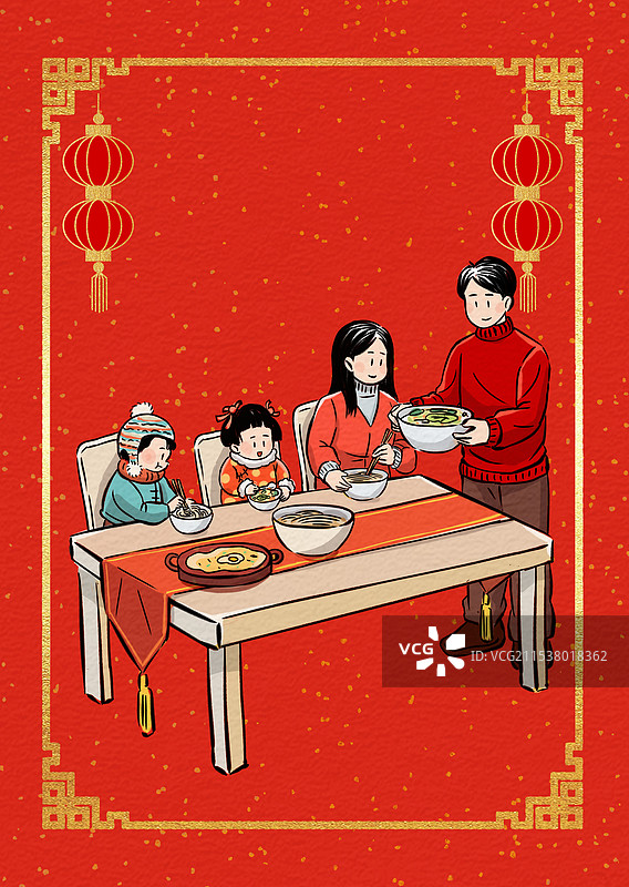 春节红色喜庆国风边框大年初七人日节吃面条喝七宝羹汤新年习俗纸纹理中国风描线插画图片素材