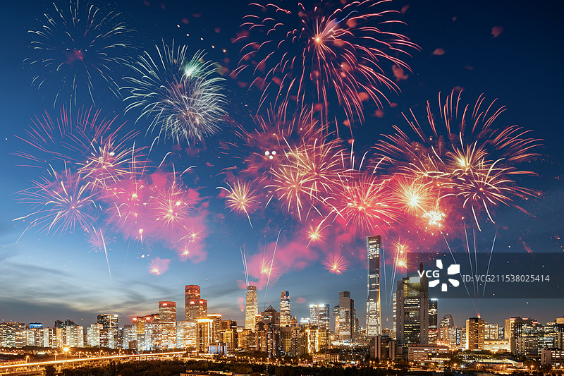 北京国贸CBD城市夜景，北京烟花，新年烟花，烟花表演，元旦烟花，烟花，节日烟花图片素材