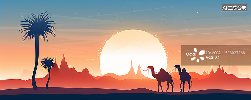 【AI数字艺术】黄昏沙漠上行走的骆驼插画图片素材