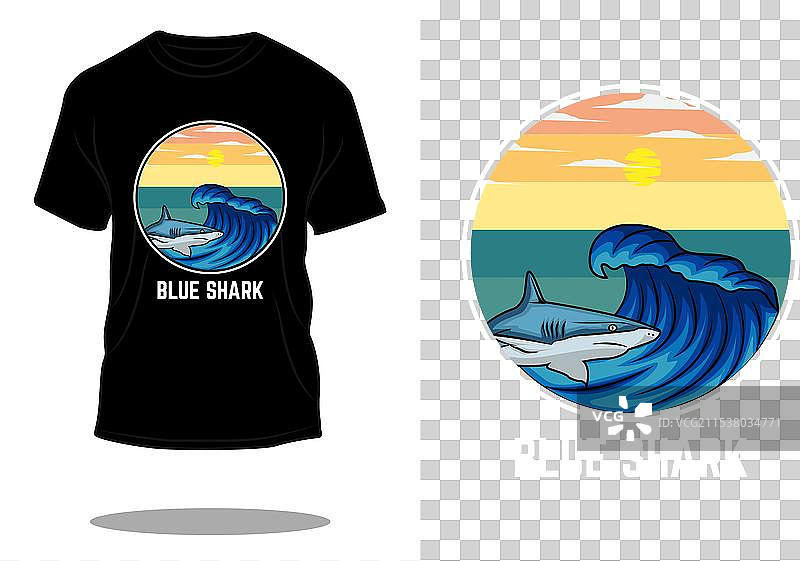 蓝鲨复古T恤设计图片素材