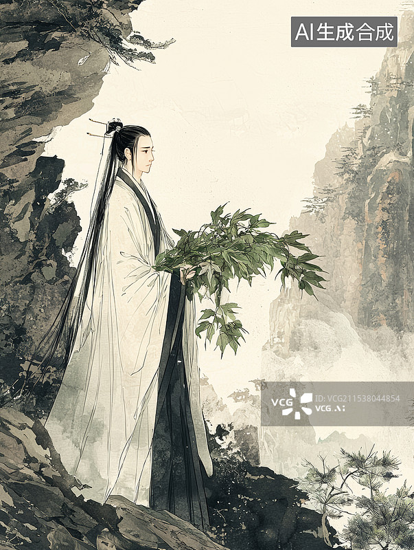 【AI数字艺术】年轻时的张仲景采药山间写意画图片素材