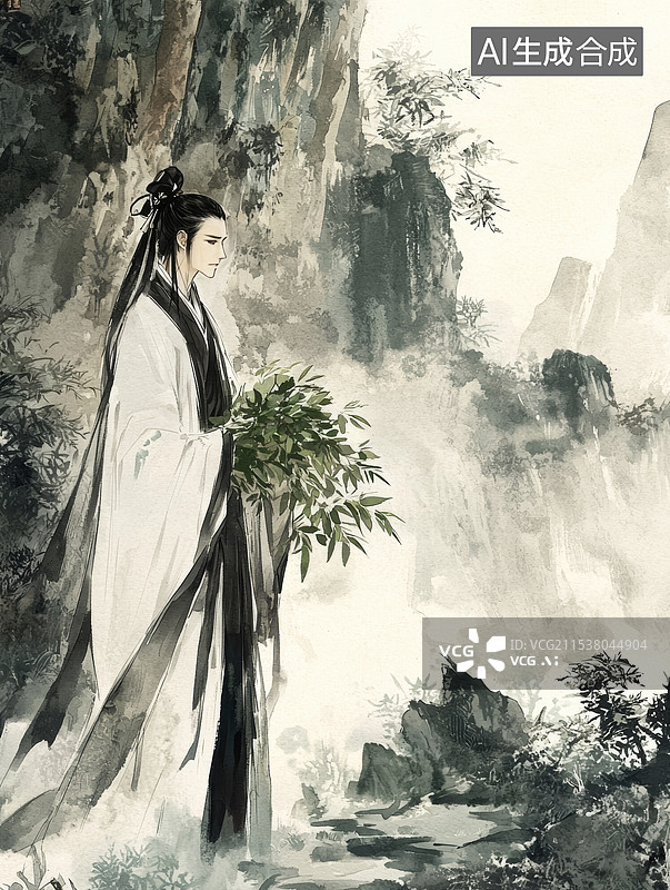 【AI数字艺术】年轻时的张仲景采药山间写意画图片素材