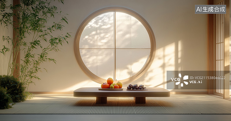 【AI数字艺术】一个典型的日式房间，阳光透过圆形的窗户洒进来，照亮了整个空间。房间里有一张低矮的木制桌子，上面摆放着图片素材