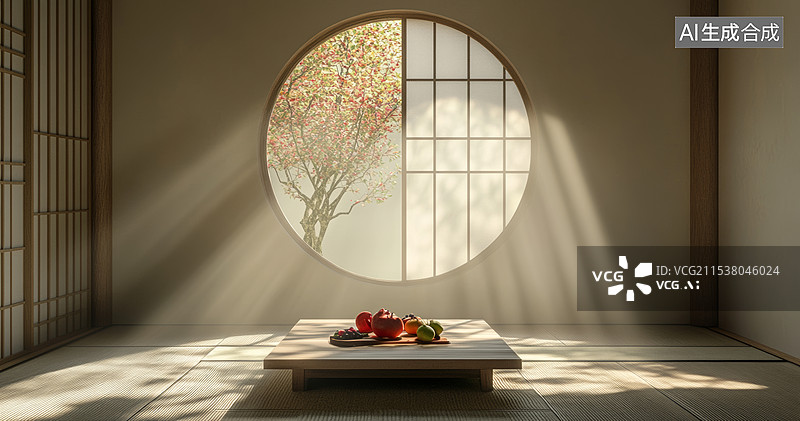 【AI数字艺术】一个典型的日式房间，阳光透过圆形的窗户洒进来，照亮了整个空间。房间里有一张低矮的木制桌子，上面摆放着图片素材