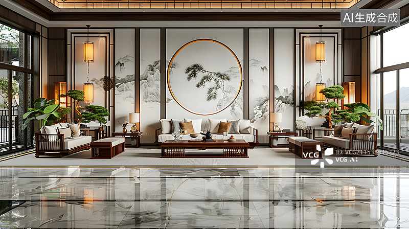 【AI数字艺术】充满东方美学的中式新中式建筑景观设计图片素材