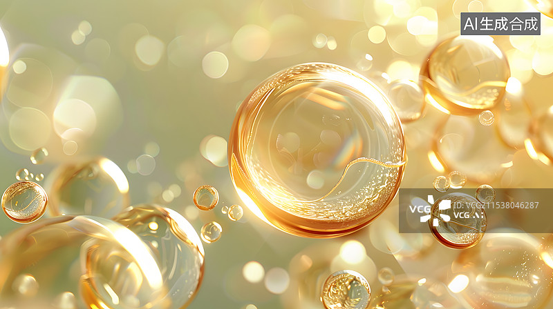 【AI数字艺术】3D渲染金色液体化妆油精华与分子液体滴在背景图片素材