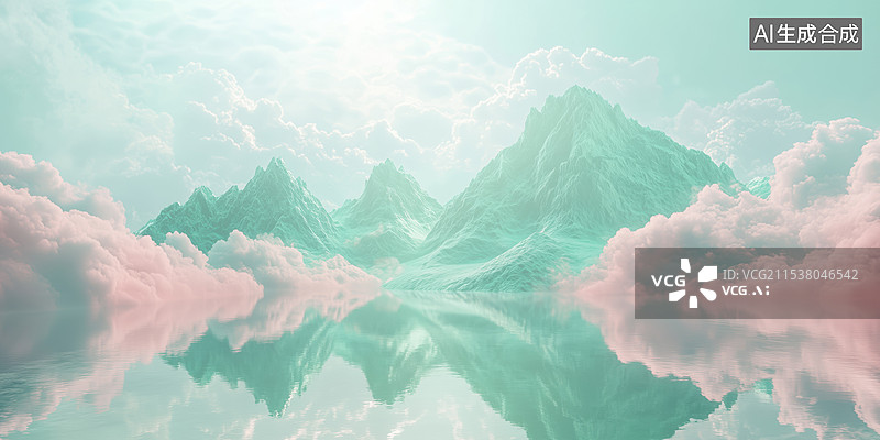 【AI数字艺术】抽象白色绿色奇幻山谷间的河流3D卡通立体插画图片素材