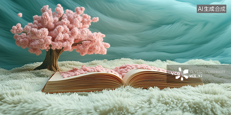 【AI数字艺术】可爱夸张羊毛毡毛绒有植物的童话立体书3D卡通插画图片素材