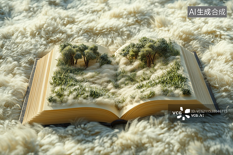 【AI数字艺术】可爱夸张羊毛毡毛绒有植物的童话立体书3D卡通插画图片素材