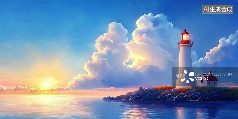 【AI数字艺术】日出日落时分，海边的灯塔与海岸线图片素材