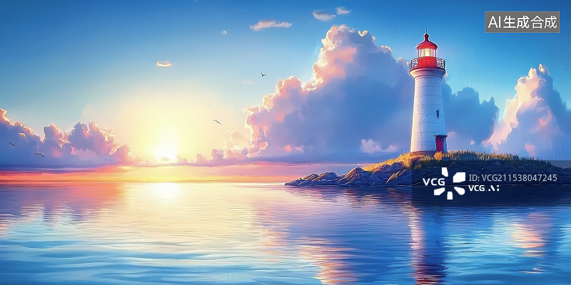 【AI数字艺术】日出日落时分，海边的灯塔与海岸线图片素材
