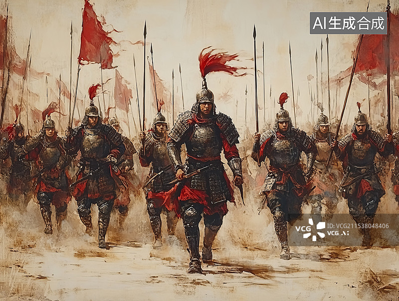【AI数字艺术】中国古代士兵身穿铠甲，手上拿着长矛，在战场上冲锋图片素材