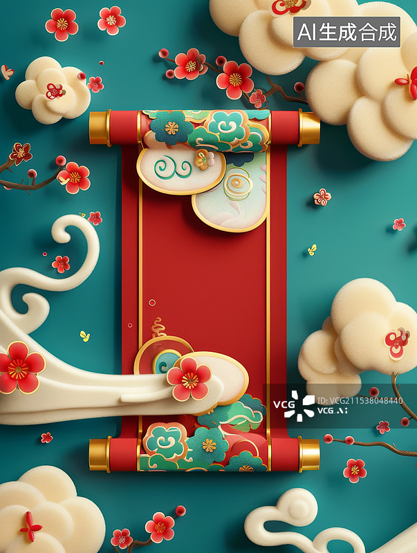 【AI数字艺术】中国风新年空白卷轴图片素材